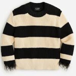 J. Crew Feather Trim Black and Cream Wide-Stripe Crewneck Sweater